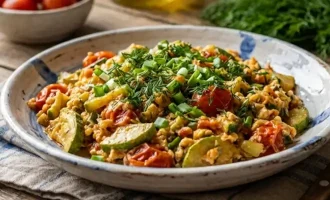 Яйцо с кабачком и томатом на сковородке